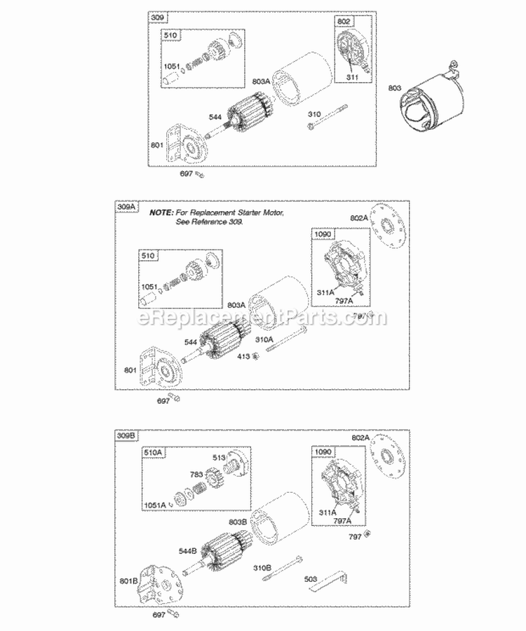 Electric Starter Diagram and Parts List for 294442-0360-01  Briggs and Stratton Engine